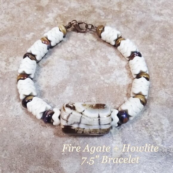 Coffee + Cream! Fire Agates! Big + Chunky OOAK Bracelet - Rustic Rugged Calm - Picture 1 of 7